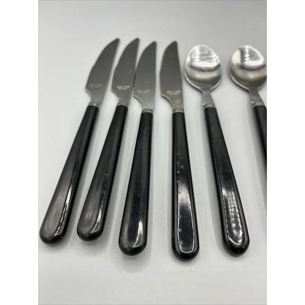 10 Pc‎ Vintage Stainless Taiwan Black Plastic Handle Flatware Silverware
